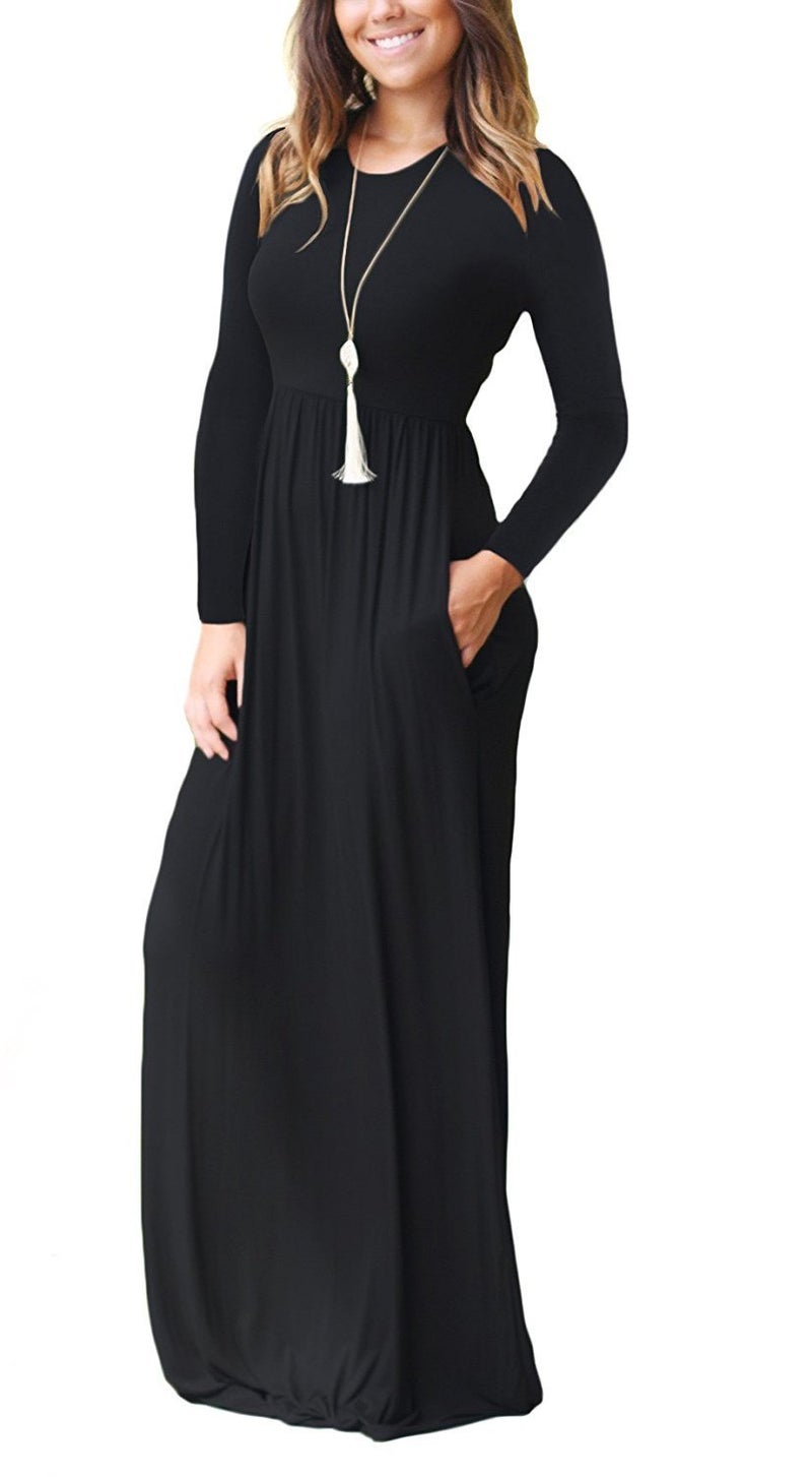 AUSELILY Women's Long Sleeve Dress Loose Plain Long Casual Maxi Dresses with Pockets 2026 New Black XS - Image 2